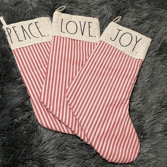 RAE DUNN "PEACE LOVE JOY" RED TICKING STRIPE CHRISTMAS STOCKINGS SET OF 3 - Picture 1 of 12